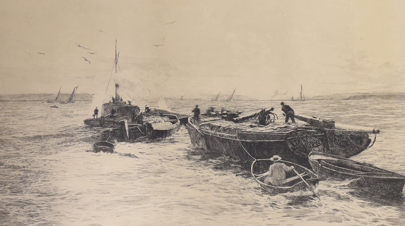 William Lionel Wyllie (1851-1931), drypoint etching, 'Providence of Rochester', the artist depicts himself in the small boat in the foreground. signed in pencil, 30 x 52cm
